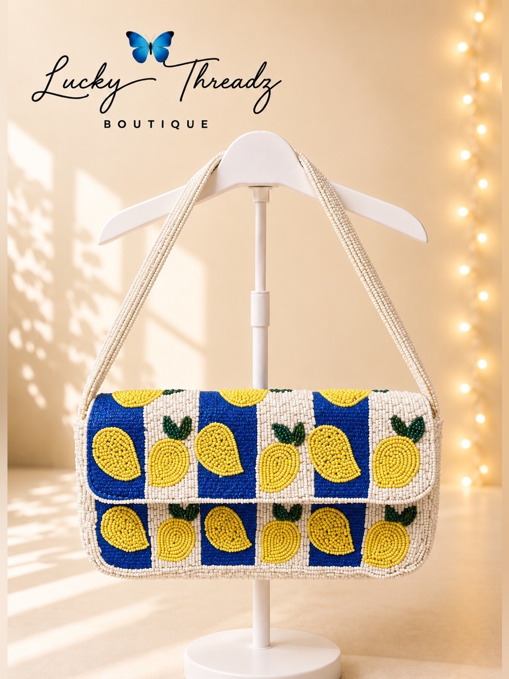 Primark NWT Beaded Lemon Shoulder Bag Blue White Yellow Coastal